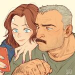  1boy 1girl aaron_gruber_(o_natsuo88) arm_hair bandaid bandaid_on_cheek bandaid_on_face bandaid_on_head beard_stubble blue_eyes cellphone chewing eating facial_hair grey_hair highres holding holding_phone lip_cut looking_at_phone madison_(o_natsuo88) mature_male medium_hair multicolored_nails mustache o_natsuo88 old old_man on_shoulder original phone receding_hairline red_hair scar scar_on_cheek scar_on_face shirt short_hair smartphone thick_eyebrows thick_mustache upper_body wavy_hair wrinkled_skin yellow_background 