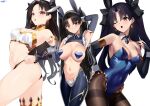  1girl alternate_costume animal_ears arm_up armlet bikini black_bikini black_hair black_ribbon black_sleeves blue_leotard blush breasts brown_pantyhose covered_navel detached_collar detached_sleeves earrings fake_animal_ears fate/grand_order fate_(series) gold_trim grey_pantyhose hair_ribbon heart_maebari heart_pasties highleg highleg_leotard highres hoop_earrings ishtar_(fate) jewelry kurozawa_yui large_breasts latex latex_legwear leotard long_hair looking_at_viewer maebari medium_breasts meme_attire mismatched_bikini multiple_views navel neck_ring one_eye_closed open_mouth orange_eyes pantyhose parted_bangs pasties playboy_bunny rabbit_ears rabbit_tail red_eyes revealing_clothes reverse_bunnysuit reverse_outfit ribbon single_detached_sleeve strapless strapless_leotard swimsuit tail thighband_pantyhose thighlet thighs two_side_up white_bikini wrist_cuffs 