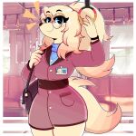  00niine absurd_res anthro blonde_hair blue_eyes bottomwear canid canine canis clothed clothing domestic_dog eyewear female fur glasses hair hi_res id_card mammal metro pink_clothing rapid_transit skirt solo solo_focus subway sweater topwear turtleneck wireless_shiba yellow_body yellow_fur 