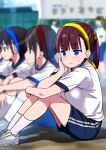  6+girls blue_eyes blurry blurry_background breasts brown_hair closed_mouth commentary_request flower frown gym_shirt gym_shorts gym_uniform hachimaki hair_flower hair_ornament hand_on_own_face headband highres hiyori_(wakana_hanabi) hugging_own_legs large_breasts lens_flare looking_afar multiple_girls original shirt shoes short_twintails shorts sneakers socks solo_focus sweatdrop twintails wakana_hanabi wavy_mouth white_footwear white_socks wince 