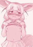  1girl animal_ears blush bow bowtie breasts clothes_lift extra_ears fennec_(kemono_friends) fox_ears fox_tail gloves highres kemono_friends kemono_friends_3 lifted_by_self masuyama_ryou navel nipples no_bra open_mouth shirt shirt_lift short_hair short_sleeves skirt stomach tail 