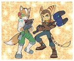  2023 anthro belt boots bottomwear brown_body brown_fur canid canine clothing crossover dipstick_tail duo eyebrows footwear fox fox_mccloud fur gloves green_eyes gun handwear headgear headwear hi_res holster jacket lombax looking_at_viewer male mammal markings nintendo oekakikaname pants pose ranged_weapon ratchet ratchet_and_clank smile sony_corporation sony_interactive_entertainment star_fox striped_body striped_fur stripes tail tail_markings tail_tuft topwear tuft visor weapon white_body white_fur yellow_body yellow_fur 