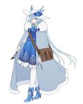  1girl bag blue_dress blue_flower blue_footwear blue_hair cloak cloud_ya collared_dress commentary dress english_commentary flower frilled_dress frills full_body fur-trimmed_cloak fur_trim grey_cloak griseo hair_between_eyes hat hat_flower high_heels highres holding holding_paintbrush honkai_(series) honkai_impact_3rd long_sleeves paintbrush pantyhose puffy_long_sleeves puffy_sleeves purple_eyes shoes shoulder_bag simple_background sleeves_past_wrists solo standing white_background white_headwear white_pantyhose 