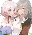  2girls bare_shoulders black_choker black_jacket blue_eyes blue_jacket blush choker closed_mouth commentary draw_happy_set expressionless grey_hair hair_between_eyes hair_intakes highres honkai:_star_rail honkai_(series) jacket long_hair long_sleeves looking_at_another looking_at_viewer march_7th_(honkai:_star_rail) medium_hair multiple_girls off_shoulder open_clothes open_jacket pink_eyes pink_hair shirt simple_background smile sparkle stelle_(honkai:_star_rail) trailblazer_(honkai:_star_rail) two-tone_eyes upper_body white_background white_shirt yellow_eyes 