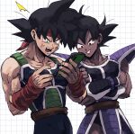  2boys bandana bardock black_hair cellphone dark-skinned_male dark_skin dragon_ball dragon_ball_z highres kometubu0712 monkey_tail multiple_boys muscular open_mouth phone red_bandana saiyan simple_background smile spiked_hair tail teeth tullece 