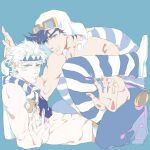  2boys abs against_glass aviator_cap battle_tendency black_hair blue_hair caesar_anthonio_zeppeli crop_top facial_mark feather_hair_ornament feathers fingerless_gloves gloves goggles goggles_on_headwear green_eyes hair_ornament headband jojo_no_kimyou_na_bouken joseph_joestar joseph_joestar_(young) looking_at_viewer male_focus midriff multiple_boys muscular muscular_male official_alternate_costume pants shirt striped striped_pants striped_shirt suzuri513 tank_top vest 