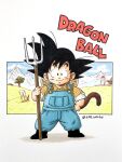  a24wks black_footwear blue_overalls boots building commentary_request copyright_name cosplay dragon_ball dragon_ball_(classic) dragon_ball_z farm farmer_(dragon_ball) farmer_(dragon_ball)_(cosplay) hand_on_own_hip hat hat_on_back highres holding holding_pitchfork marker_(medium) monkey_tail mountain official_style overalls pitchfork plaid plaid_shirt shirt signature sleeves_rolled_up son_goku sun_hat tail toriyama_akira_(style) traditional_media tree 