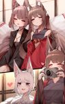  4girls =_= absurdres age_difference akagi-chan_(azur_lane) amagi-chan_(azur_lane) amagi_(azur_lane) animal_ear_fluff animal_ears azur_lane bell black_kimono blue_eyes blush brown_hair brown_tail camera commentary fox_ears fox_girl fox_tail hair_ornament happy heart highres holding holding_camera indoors japanese_clothes kaga_(azur_lane) kimono kyuubi long_hair multiple_girls multiple_tails open_mouth print_kimono red_kimono samip shirt short_hair sidelocks sitting smile tail teeth upper_teeth_only white_hair white_kimono white_tail 