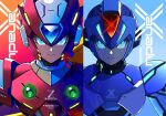  2boys armor blonde_hair blue_armor blue_eyes body_armor bodystocking english_text eyelashes forehead_jewel frown gem glint glowing glowing_eyes green_eyes guutara helmet looking_at_viewer mega_man_(series) mega_man_x_(series) multiple_boys ponytail red_armor shoulder_armor simple_background x_(mega_man) zero_(mega_man) 