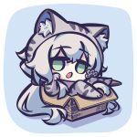  1girl :o animal_costume animal_ear_fluff animal_ears arknights bad_id bad_pixiv_id blue_background border box cardboard_box cat_costume cat_ears cat_girl cat_tail chibi green_eyes grey_hair in_box in_container long_hair looking_at_viewer penguin_logistics_logo rosmontis_(arknights) shadow simple_background solo spk_kei tail white_border 
