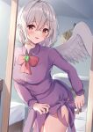  1girl blush bow bowtie braid breasts collared_dress cowboy_shot dress feathered_wings grey_hair hair_between_eyes highres indoors kishin_sagume long_sleeves medium_breasts mirror mirror_image niko_kusa open_mouth purple_dress red_bow red_bowtie red_eyes short_hair single_wing solo touhou white_wings wings 