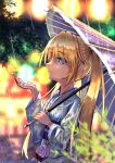  1girl absurdres alternate_costume blonde_hair blue_eyes blue_kimono blurry blurry_background blush closed_mouth commentary_request depth_of_field eyelashes eyes_visible_through_hair flat_chest from_side hair_between_eyes hand_up heterochromia highres holding holding_umbrella ikumi_(1_9_3) japanese_clothes kimono lantern leaf_print long_hair long_sleeves looking_up nakatsu_shizuru nose oil-paper_umbrella outdoors profile rain rewrite smile solo straight_hair summer_festival twintails umbrella very_long_hair wide_sleeves yellow_eyes yukata 