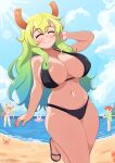  4girls absurdres animal beach bikini blonde_hair bluefrok breasts can closed_eyes closed_mouth cloud collarbone crab foot_out_of_frame green_hair highres horns kanna_kamui kobayashi-san_chi_no_maidragon kobayashi_(maidragon) long_hair lucoa_(maidragon) multiple_girls navel red_hair sand sandals sky smile stomach sun swimsuit thighs toes tohru_(maidragon) water 