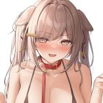  1girl animal_ears blush breasts brown_eyes brown_hair cleavage collar collarbone commentary_request dog_ears hands_up highres large_breasts leash long_hair looking_at_viewer monaka_curl original paid_reward_available red_collar simple_background solo twintails upper_body white_background 