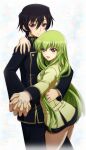  1boy 1girl blazer brown_hair c.c. code_geass commentary dancing green_eyes green_hair hair_between_eyes hand_on_another&#039;s_shoulder hand_on_another&#039;s_waist highres holding_hands jacket jewelry kaname_aomame lelouch_lamperouge long_hair long_sleeves open_mouth pants purple_eyes ring school_uniform sidelocks skirt smile 