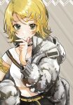  1girl arm_wrap bangle belt blonde_hair bracelet closed_mouth commentary crop_top dot_nose down_jacket green_eyes grey_background grey_jacket hair_ornament hairclip hand_on_own_chin highres jacket jewelry kagamine_rin light_frown meme midriff open_clothes open_jacket pafufu shirt short_hair solo swept_bangs symbol-only_commentary twitter_rabbit_ears_(meme) upper_body velcro vocaloid white_shirt yellow_nails 