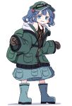  1girl absurdres black_tank_top blue_eyes blue_footwear blue_hair blush_stickers boots flat_cap full_body green_headwear green_jacket hat highres jacket kame_(kamepan44231) kawashiro_nitori key long_sleeves looking_at_viewer one-hour_drawing_challenge open_mouth short_hair simple_background solo tank_top touhou two_side_up white_background 