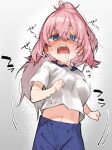  1girl @_@ aqua_eyes blue_shorts blush bouncing_breasts breasts cropped_legs d: exasperation grey_background gym_uniform hair_between_eyes komaro-chan large_breasts long_hair midriff muchi_maro muchimaro-chan navel open_mouth pink_hair ponytail running saliva seitokai_nimo_anawa_aru! shirt shorts sidelocks sweat white_shirt 