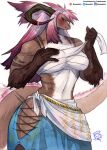  absurd_res anthro breasts brown_body brown_fur chest_wraps dragon female fur hair hi_res murazaki navel pink_hair simple_background solo thick_thighs white_background wraps 