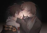  2boys ahoge black_background black_jacket blue_eyes blush brown_hair closed_eyes dark_background fangs gradient_background grey_sweater hand_on_another&#039;s_shoulder highres hood hood_down hoodie jacket jewelry kanae_(nijisanji) kiss kissing_cheek komatsu2536 light_brown_hair long_sleeves low_ponytail medium_hair multicolored_hair multiple_boys necklace nijisanji off-shoulder_jacket off_shoulder open_clothes open_jacket open_mouth red_hair saegusa_akina side_ponytail sleeves_past_wrists streaked_hair sweater teeth turtleneck turtleneck_sweater upper_body white_hoodie wide-eyed yaoi 