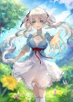  1girl :d bangs black_ribbon blue_choker blue_eyes blue_pupils blue_sky blurry blurry_foreground breasts choker cleavage cloud collarbone criss-cross_halter day dress floating_hair flower grass grey_hair hair_between_eyes hair_ribbon halterneck highres kneehighs looking_at_viewer mabinogi medium_breasts mountain mountainous_horizon nao_(mabinogi) open_mouth outdoors outstretched_arm outstretched_hand pink_flower red_ribbon ribbon rudia see-through see-through_sleeves sky smile socks solo standing teeth tree twintails upper_teeth_only white_dress white_socks yellow_flower 