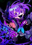  1girl abnormality_dancin&#039;_girl_(vocaloid) ahoge black_background black_dress black_gloves crossed_bangs crying crying_with_eyes_open dress flower_(vocaloid) gloves hair_ornament highres himanemuitoma messy_hair open_mouth purple_eyes purple_hair purple_theme short_hair tears vocaloid 
