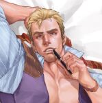  1boy alternate_facial_hair bara cody_travers cropped dakimakura_(object) facial_hair final_fight formal goatee holding holding_pen large_pectorals long_sideburns looking_at_viewer lying male_focus muscular muscular_male on_back pectoral_cleavage pectorals pen pen_to_mouth pillow seductive_smile shirt short_hair sideburns smile solo striped striped_shirt stubble thick_eyebrows upper_body vest zonknuckle 