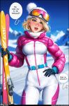  1girl aroma_sensei belt blonde_hair blue_eyes blue_sky breasts english_text eyebrow_piercing gloves goggles goggles_on_head goggles_on_headwear gwen_stacy hand_on_hip hat highres holding lips looking_at_viewer marvel open_mouth piercing skis sky snow solo speech_bubble spider-man_(series) standing zipper zipper_pull_tab 