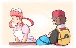  1boy 1girl apron backpack bag brown_hair commentary dress english_commentary hair_rings half-closed_eyes hat index_fingers_together jacket joy_(pokemon) nurse nurse_cap pink_dress pink_hair plow_(witch_parfait) pokemon pokemon_(game) pokemon_rgby puffy_short_sleeves puffy_sleeves raised_eyebrows red_(pokemon) short_sleeves vaporeon white_apron 
