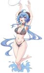  1girl absurdres ahoge armpits arms_up bare_shoulders bell bikini blue_hair blush breasts ganyu_(genshin_impact) genshin_impact goat_horns highres horns kiritzugu large_breasts long_hair navel neck_bell purple_eyes sidelocks solo swimsuit thighs water 