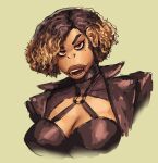  2023 anthro beauty_mark big_breasts black_body black_fur black_hair breasts claire_(redustheriotact) cleavage clothed clothing ear_piercing ear_ring eyelashes facial_piercing fangs female fur hair haplorhine hi_res highlights_(coloring) jacket lips looking_at_viewer mammal markings mole_(marking) monkey nose_piercing piercing primate red_eyes redustheriotact ring_piercing short_hair simple_background solo teeth thick_lips topwear 