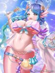  1girl ahoge ball bare_shoulders belt belt_pouch blue_belt blue_hair blue_sky braid breasts character_request cleavage cloud commentary_request cowboy_shot crystal_ball day detached_sleeves drill_hair drill_sidelocks fins groin guardian_tales hand_up head_fins highres holding holding_ball holding_wand large_breasts long_hair looking_at_viewer mermaid monster_girl navel open_mouth pouch shell shell_bikini shell_hair_ornament sidelocks single_braid single_detached_sleeve sky solo stomach teeth twitter_username udon_frozen upper_teeth_only wand yellow_eyes 