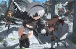 2b_(nier:automata) 3girls anis_(nikke) ass assault_rifle battle beret black_blindfold black_gloves black_hairband blindfold blue_sky breasts brown_eyes brown_hair collaboration covered_navel crossover gloves goddess_of_victory:_nikke grenade_launcher groin gun hairband hat highres holding holding_gun holding_weapon hood_(james_x) juliet_sleeves large_breasts leotard long_sleeves mole mole_under_mouth multiple_girls outdoors parted_lips pod_(nier:automata) puffy_sleeves rapi_(nikke) rapture_(nikke) rifle rubble running sky solo_focus sword sword_on_back thighs weapon weapon_on_back white_hair 