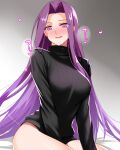  1girl black_sweater blush bottomless breasts drooling engo_(aquawatery) fate/grand_order fate_(series) forehead highres large_breasts long_hair medusa_(fate) medusa_(rider)_(fate) nose_blush purple_eyes purple_hair sitting solo sweater turtleneck turtleneck_sweater very_long_hair 