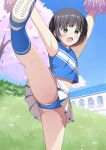  1girl :o armpits arms_up bare_shoulders black_hair blue_buruma blue_shirt blue_sky blunt_bangs blush bob_cut bra bra_peek buruma cheerleader cloud crop_top flat_chest grass green_eyes groin_tendon highres holding holding_pom_poms kani_miso leg_up midriff miniskirt navel open_mouth original outdoors panties panty_peek pantyshot pleated_skirt pom_pom_(cheerleading) shirt shoes short_hair skirt sky sleeveless sneakers solo thighs underwear upskirt white_bra white_panties white_skirt 