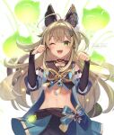  1girl ;d ahoge animal_ear_fluff animal_ears blue_skirt brown_hair cat_ears commentary_request cowboy_shot crop_top detached_sleeves genshin_impact green_eyes hands_up highres kirara_(genshin_impact) long_hair long_sleeves looking_at_viewer midriff navel one_eye_closed open_mouth paw_pose skirt smile solo stomach tsunakawa very_long_hair white_background 