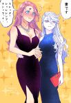  2girls alternate_hairstyle bag blue_eyes blush breasts dress formal gundam gundam_suisei_no_majo handbag highres jewelry long_hair miorine_rembran multiple_girls red_hair suletta_mercury thick_eyebrows white_hair yuri yuri_kyanon 