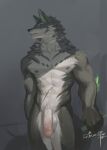  absurd_res anthro awaldkize balls big_penis canid cheek_tuft facial_tuft flaccid front_view fur genitals glans green_eyes grey_body grey_fur hi_res humanoid_genitalia humanoid_penis male mammal muscular muscular_anthro muscular_male neck_tuft nude penis portrait red_glans simple_background solo standing three-quarter_portrait tuft white_balls white_body white_fur white_penis 