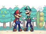  2boys blue_overalls boots brothers brown_footwear brown_hair facial_hair flower gloves green_headwear green_shirt hat highres luigi mari_luijiroh mario mario_&amp;_luigi:_superstar_saga mario_&amp;_luigi_rpg mario_(series) masanori_sato_(style) multiple_boys mustache overalls red_headwear red_shirt shirt short_hair siblings tree white_flower white_gloves 