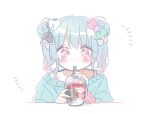  1girl black_bow blue_hair blush bow cha_ipride cup disposable_cup double_bun drink drinking drinking_straw gradient_hair green_nails green_shirt hair_between_eyes hair_bow hair_bun highres holding holding_drink hyodou_shizuku idoly_pride long_bangs long_sleeves looking_at_viewer multicolored_hair nail_polish notice_lines pink_hair red_eyes ribbed_shirt shirt sidelocks simple_background solo straight-on twintails two-tone_bow upper_body white_background white_bow 