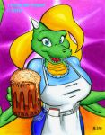  anthro apron badgerben beverage blonde_hair blue_clothing clothing crystal_(badgerben) dragon eyelashes female foam green_body green_scales hair horn looking_at_viewer notebook pencil_(disambiguation) root_beer scales simple_background smile soda solo waiter waitress_uniform wings yellow_body yellow_scales 