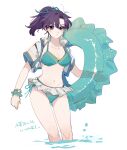  1girl alternate_costume bikini blush bracelet breasts collarbone commentary cropped_jacket fir_(fire_emblem) fire_emblem fire_emblem:_the_binding_blade hair_ribbon highres holding holding_innertube innertube jacket jewelry looking_at_viewer mogana_zo navel open_clothes open_jacket ponytail purple_eyes purple_hair ribbon solo swimsuit symbol-only_commentary thighs white_background 