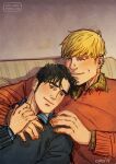  2boys bad_id bad_tumblr_id bara black_hair blonde_hair couch couple cris_art cuddling head_on_head head_rest hulkling layered_shirt long_sideburns male_focus marvel multiple_boys on_couch short_hair sideburns sideburns_stubble smile sweater thick_eyebrows unfinished upper_body wiccan yaoi 