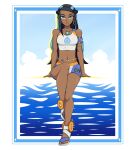  1girl absurdres belly_chain bikini blue_eyeshadow dark-skinned_female dark_skin earrings ememtrp eyeshadow full_body highres hoop_earrings jewelry looking_at_viewer makeup nessa_(pokemon) pokemon pokemon_(game) pokemon_swsh sitting solo_focus swimsuit tankini 