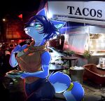  &lt;3 2023 absurd_res anthro blue_arms blue_body blue_ears blue_fur blue_hair blue_tail breasts canid canine car clothing eating female fingers food fox fur hair hi_res holding_object jaff96 krystal mammal nintendo star_fox tacos tail topwear vehicle 