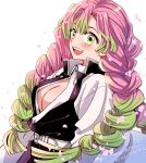  1girl :d belt black_jacket blush braid breasts center_opening cleavage commentary dated demon_slayer_uniform falling_petals gradient_hair green_eyes green_hair haori happy jacket japanese_clothes kanroji_mitsuri kimetsu_no_yaiba large_breasts long_hair looking_at_viewer mole mole_under_eye multicolored_hair multiple_braids open_mouth petals pink_hair signature simple_background smile solo sugano_manami teeth tri_braids upper_body upper_teeth_only white_background white_belt 