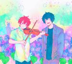  2boys bibibimix39 black_hair black_pants collared_shirt given holding holding_instrument instrument leaf_print long_sleeves male_focus medium_hair multicolored_background multiple_boys murata_ugetsu music open_clothes open_mouth pants playing_instrument red_hair satou_mafuyu shirt smile white_shirt 