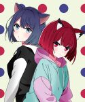  2girls absurdres animal_ears arima_kana black_hoodie blue_hair blue_hoodie bokutaaaa cat_ears cat_girl highres hood hoodie kurokawa_akane lying multicolored_clothes multicolored_hoodie multiple_girls on_back oshi_no_ko pink_hoodie polka_dot polka_dot_background red_hair short_hair white_hoodie 