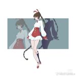  1girl animal_ears artist_request breasts brown_hair closed_mouth douluo_dalu dress frilled_shorts frills full_body hair_tie long_sleeves medium_breasts pink_eyes puffy_long_sleeves puffy_sleeves rabbit_ears rectangle red_footwear second-party_source shadow shorts single_bare_leg single_sock socks solo white_dress xiao_wu_(douluo_dalu) 