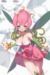  1girl absurdres blush breasts cleavage digimon dress fairy flower green_eyes highres large_breasts leaf_wings lilimon looking_at_viewer monster_girl open_mouth petals pink_dress plant plant_girl short_dress solo thorns vines wings zzh-27 